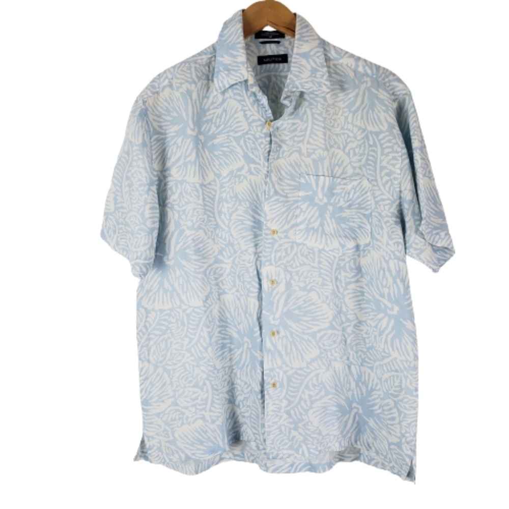 Nautica linen tropical Blue Palm button-down collar top